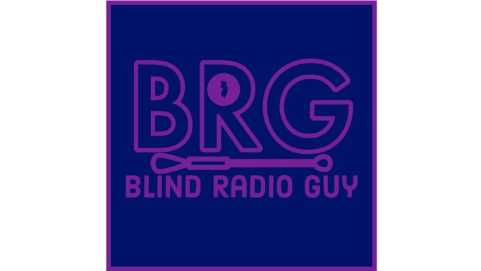 Blind Radio Guy logo with the words and initials in purple letters on a blue background